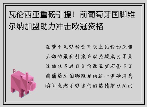 瓦伦西亚重磅引援！前葡萄牙国脚维尔纳加盟助力冲击欧冠资格