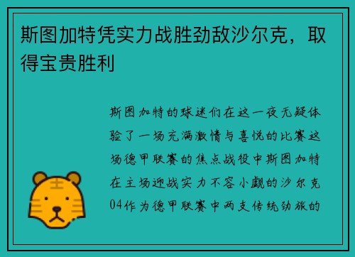 斯图加特凭实力战胜劲敌沙尔克，取得宝贵胜利